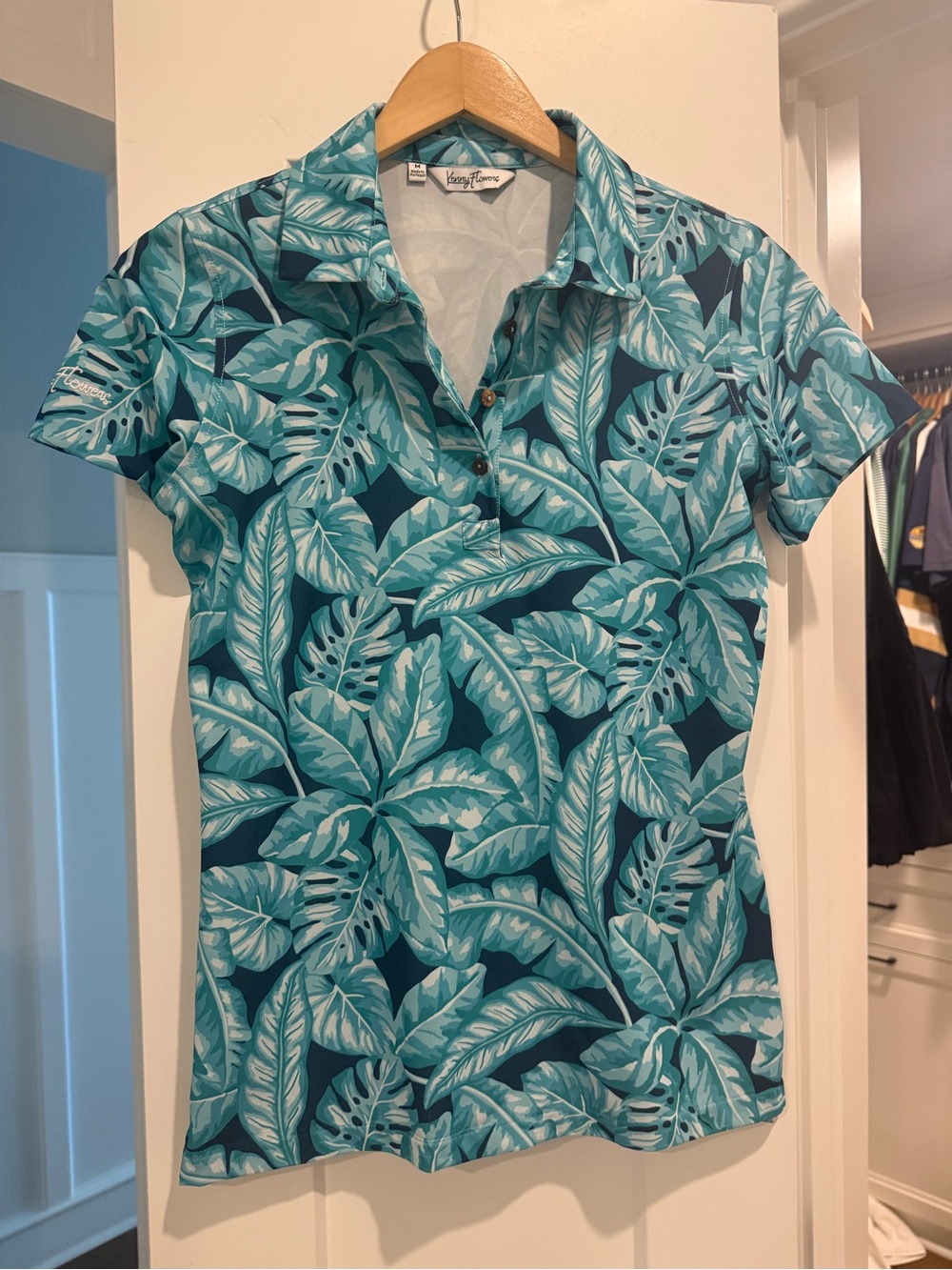 Kenny Flowers Teal & Turquoise Tropical Leaf Polo